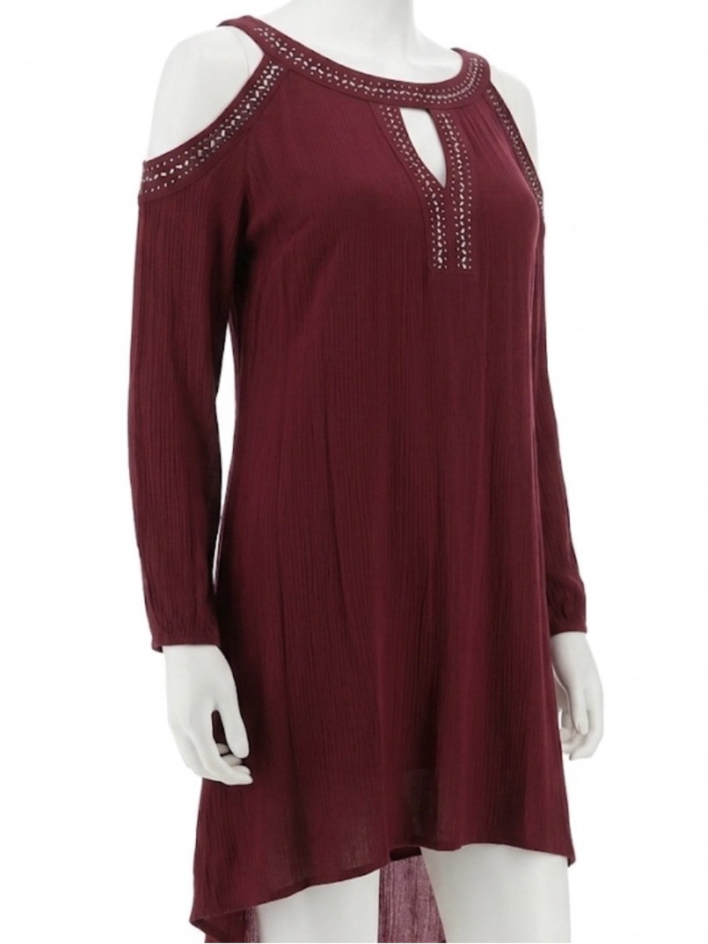 Knox Rose Cold-Shoulder Bohemian Tunic Dress in Deep Burgundy Sz 1 Rayon